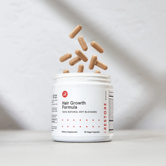 Images showcasing the jar of Hair Growth Formula with multiple supplements depicted mid-air, falling into the open jar.