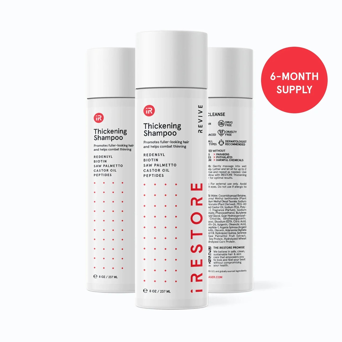 Image of the REVIVE Thickening Shampoo, showing the 6-month supply badge in the image.