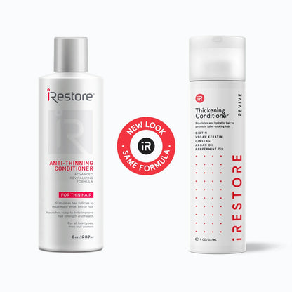 Image comparing the old and new packaging or bottle of the Thickening Shampoo.