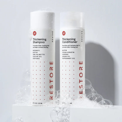 Image showing the Thickening Shampoo and Conditioner with bubbles around the bottle.