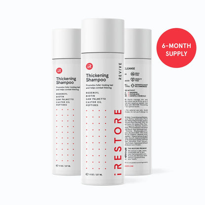 Image of the REVIVE Thickening Shampoo, showing the 6-month supply badge in the image.