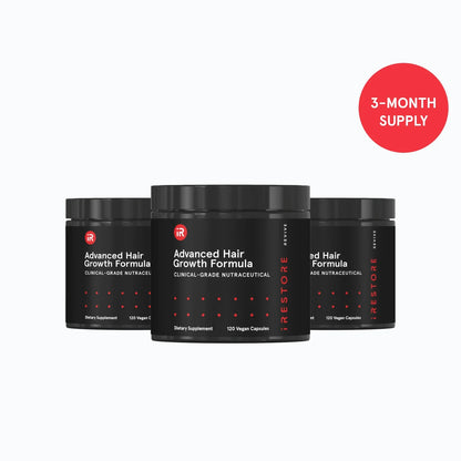 Image of three jars of Advanced Hair Growth Formula, showing the 3-month supply badge in the image.