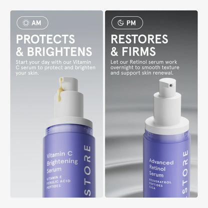 Vitamin C Serum for AM and Advanced Retinol PM use on a gray background.