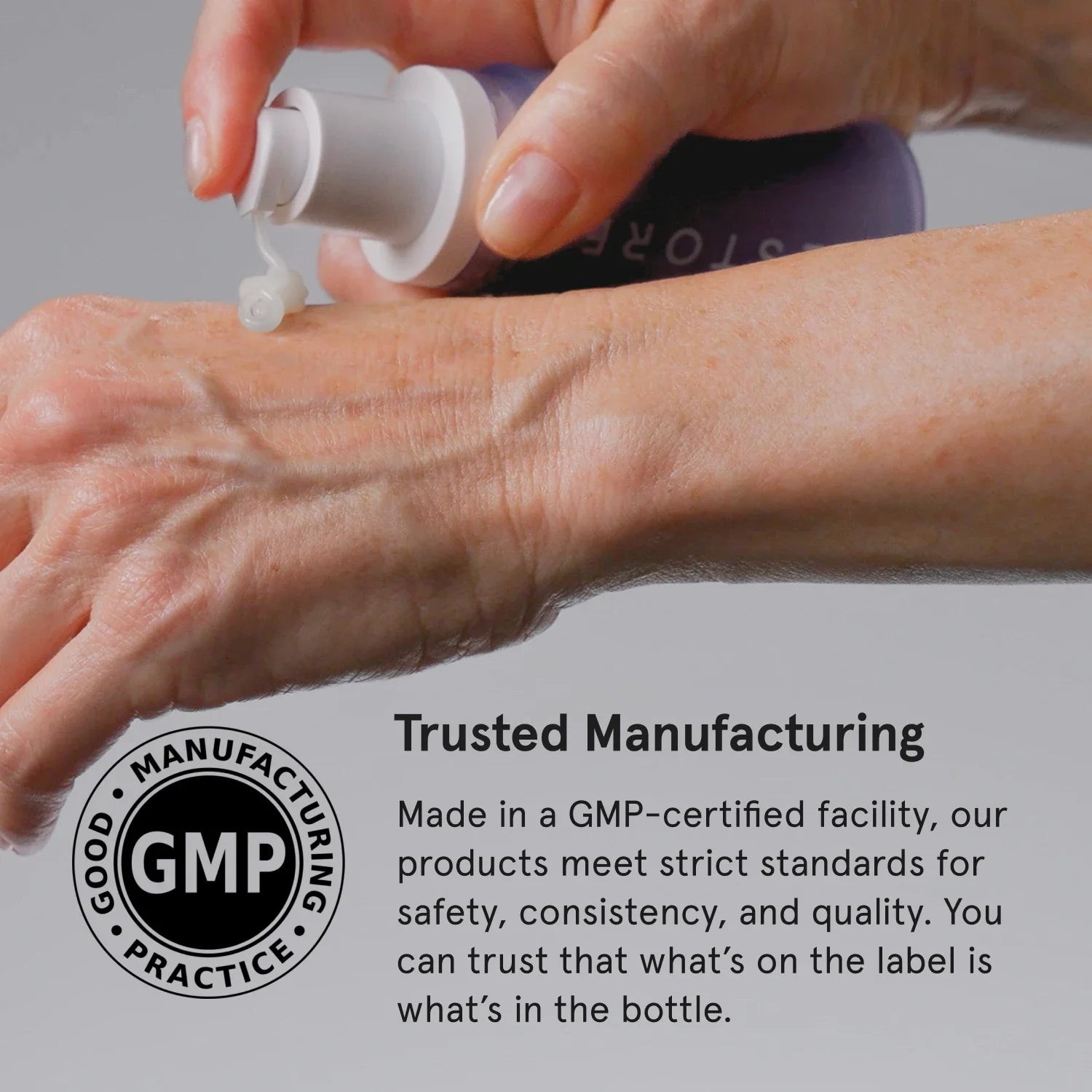 Hand applying Advanced Retinol Serum to back of hand with GMP certification logo and text.