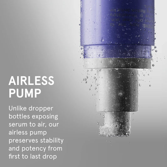Airless vitamin c serum pump with droplets on a gray background, text explaining its benefits.